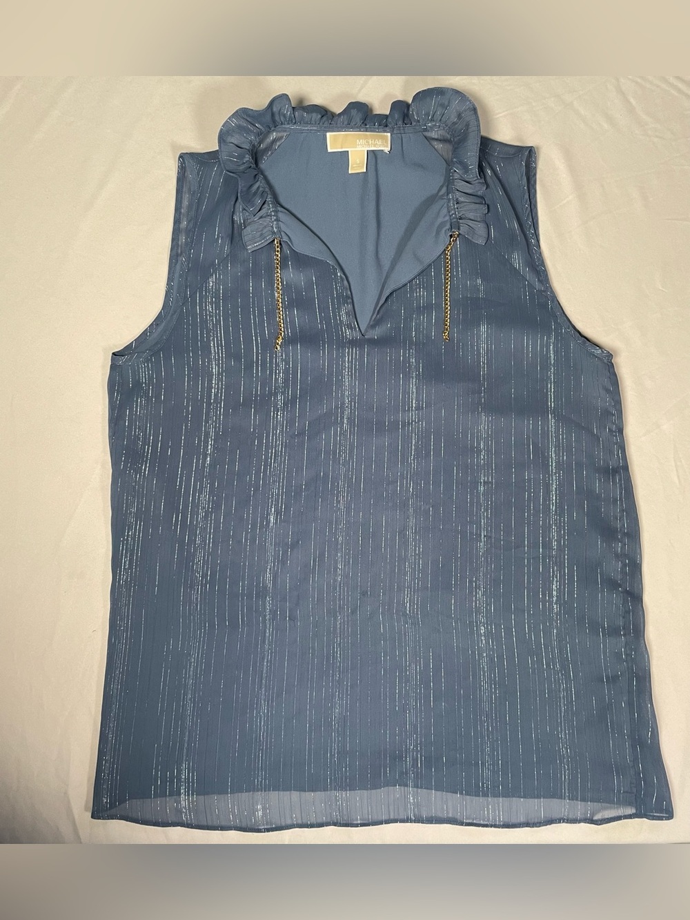 Michael Kors Sleeveless Blouse Statement Top Size Small Blue Metallic Details